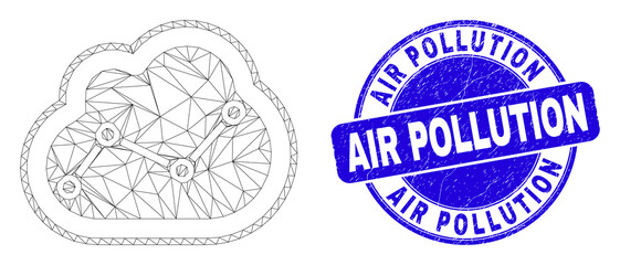 Web carcass chart cloud icon and Air Pollution seal stamp. Blue vector rounded distress seal stamp with Air Pollution message. Abstract carcass mesh polygonal model created from chart cloud pictogram.