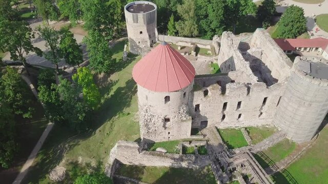 Cesis Livonian medieval castle from drone flight