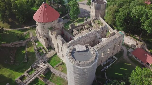 Cesis Livonian medieval castle from drone flight