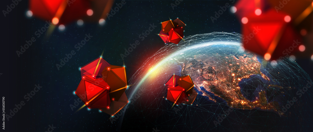 Fototapete Satellites in orbit of planet Earth 3D illustration. Nano Drones explore universe. Concept of exploring space by digital civilization of future. Elements of this image furnished by NASA