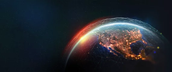 Rolgordijnen Uitzicht op de aarde vanuit de ruimte. Globaal netwerk. Blockchain-technologie. Planeet en communicatie. Toekomstige wereld 3D illustratie. Elementen van deze afbeelding zijn geleverd door NASA © Siarhei