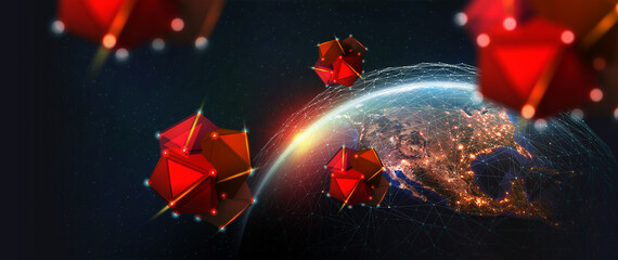 Satellites in orbit of planet Earth 3D illustration. Nano Drones explore universe. Concept of exploring space by digital civilization of future. Elements of this image furnished by NASA © Siarhei
