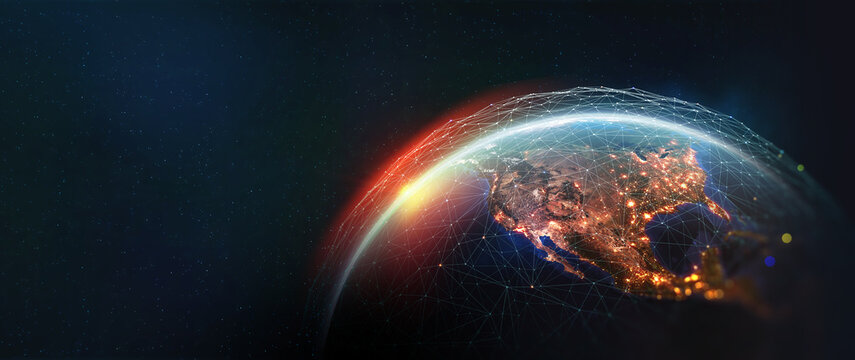Earth view from space. Global network. Blockchain technology. Planet and communication. Future world 3D illustration. Elements of this image are furnished by NASA
