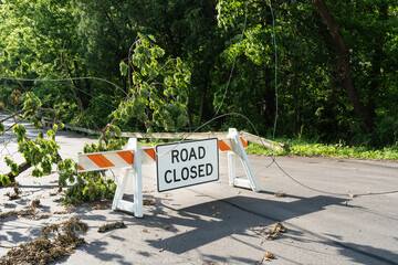 Road Closed sign with tree and power lines down after a big storm