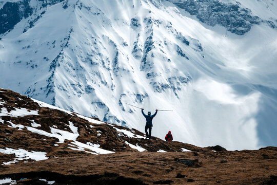Himalayas landscape, Annapurna circuit trek, tourist reaching top of the trek to high altitude Tilicho lake view