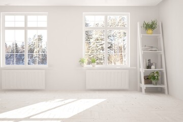 White stylish empty room with winter landscape in window. Scandinavian interior design. 3D illustration