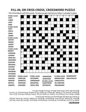 Criss-cross (or fill-in, else kriss-kross) crossword puzzle game of 19x19 grid, fitting Letter or A4 size paper, with general knowledge family friendly content. Answer included. 