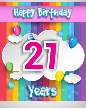 Celebrating 21st Anniversary logo, with confetti and balloons, clouds, colorful ribbon, Colorful Vector design template elements for your invitation card, banner and poster.