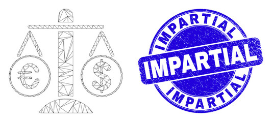 Web mesh compare euro dollar icon and Impartial seal stamp. Blue vector rounded scratched seal stamp with Impartial text.