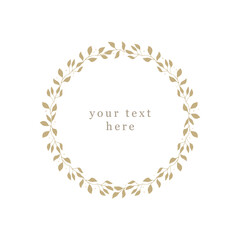 Elegant template for text decoration. Illustration in boho style. Round frame from branches with leaves, wreath, floral ornament. Silhouette plants, thin lines. Isolated vector  on a white background.