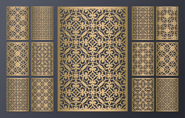 Laser cut ornamental panels set. Template for wedding invitation or greeting card. Cabinet fretwork screen. Metal design, wood carving, vector.