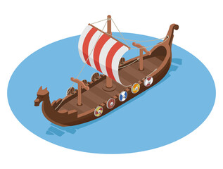 Isometric Viking Longboat Flat Illustration Drakkar