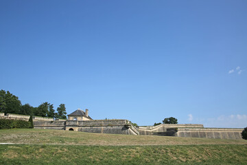 Historic city walls around the moat and fortifications to the citadel of Blaye, Gironde department...