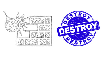 Web carcass crush the wall icon and Destroy watermark. Blue vector round textured watermark with Destroy phrase. Abstract frame mesh polygonal model created from crush the wall icon.