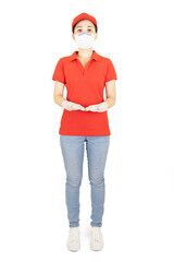 Asian Delivery woman in red uniform isolated on white background.Courier in protective mask and medical gloves,concept delivers takeaway food service under quarantine