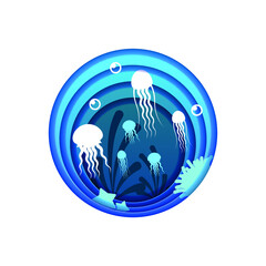 Blue Underwater Abstract Paper Cut Background Vector Sea Ocean Fish Seaweed Wave Nature Shadows