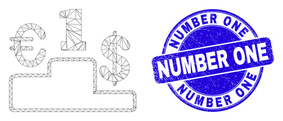 Web mesh currency pedestal pictogram and Number One seal stamp. Blue vector rounded scratched seal stamp with Number One title.