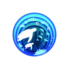 Blue Underwater Abstract Paper Cut Background Vector Sea Ocean Fish Seaweed Wave Nature Shadows