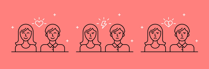 Vector illustration of the relationship between man and woman. Emotions of a couple, love, quarrel and breakup. Set of vector linear icons.