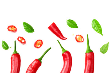 sliced red hot chili peppers isolated on white background top view