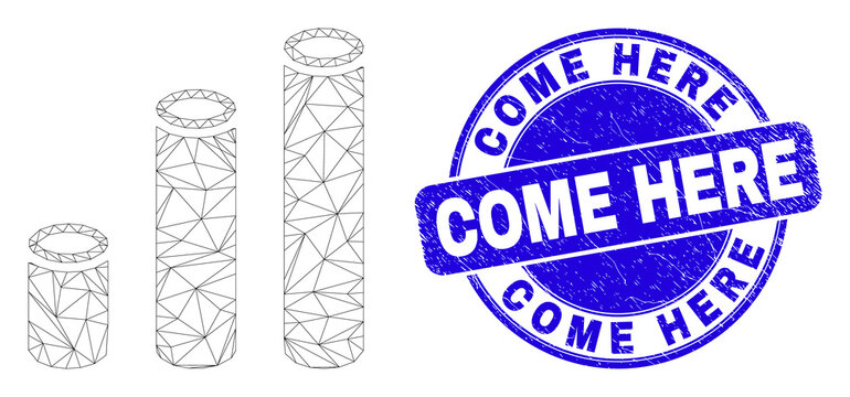 Web mesh cylinder chart icon and Come Here watermark. Blue vector round distress seal with Come Here title. Abstract carcass mesh polygonal model created from cylinder chart icon.
