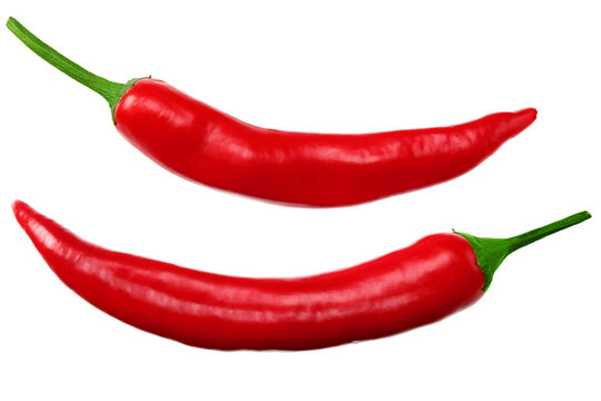 two red hot chili peppers isolated on white background top view