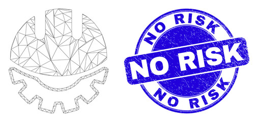 Web carcass development helmet pictogram and No Risk seal stamp. Blue vector round grunge seal stamp with No Risk text. Abstract carcass mesh polygonal model created from development helmet icon.