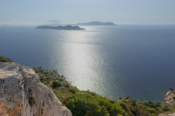 View from the ramparts of Kritinia Castle to the Aegean Sea and the islands of Makri, Alimia, Halki. Greece. Rhodes.