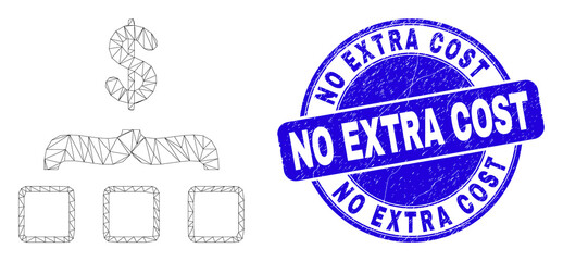 Web mesh dollar aggregation pictogram and No Extra Cost seal stamp. Blue vector rounded distress seal stamp with No Extra Cost title.