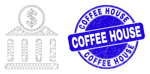 Obraz premium Web carcass dollar bank office pictogram and Coffee House stamp. Blue vector round distress stamp with Coffee House text. Abstract carcass mesh polygonal model created from dollar bank office icon.