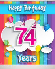 Celebrating 74th Anniversary logo, with confetti and balloons, clouds, colorful ribbon, Colorful Vector design template elements for your invitation card, banner and poster.