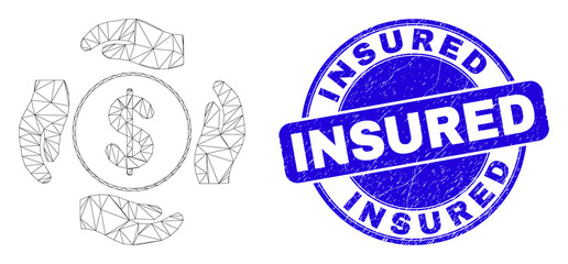 Web mesh dollar care hands icon and Insured seal stamp. Blue vector round distress seal stamp with Insured phrase. Abstract carcass mesh polygonal model created from dollar care hands icon.
