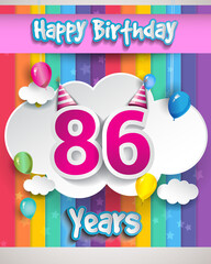 Celebrating 86th Anniversary logo, with confetti and balloons, clouds, colorful ribbon, Colorful Vector design template elements for your invitation card, banner and poster.