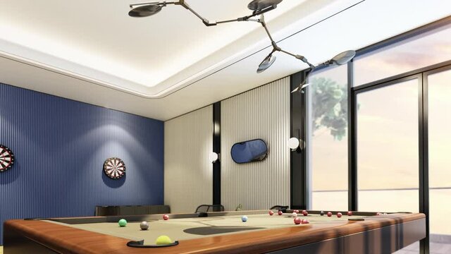 3d animation rolling balls on pool table in billiard room