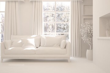 White stylish minimalist room with sofa and winter landscape in window. Scandinavian interior design. 3D illustration