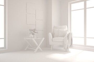 White room with armchair. Scandinavian interior design. 3D illustration