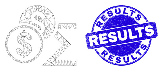 Web mesh dollar sum icon and Results stamp. Blue vector rounded scratched seal with Results message. Abstract carcass mesh polygonal model created from dollar sum icon.