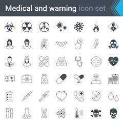Medical, warning and hospital stroked icons. High quality hazard, danger and medical symbols and elements. Virus warning, protection and health care vector set.

