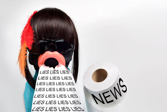 Female mannequin made of black medical mask, sunglasses and silicone lips with toilet paper