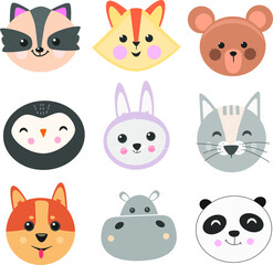 Cute animal set vector illustration. Different animal characters. Fox, owl, bear, rabbit, panda, wolf illustrations