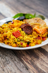 Prawn with rice - closeup of prawn with rice - traditionnal spanish food paella