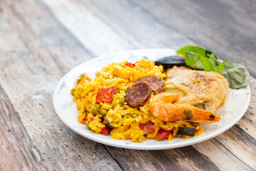 Prawn with rice - closeup of prawn with rice - traditionnal spanish food paella