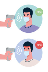 covid 19 coronavirus, hands holding infrared thermometers to measure body temperature, men check temperature vector illustration design