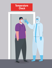 covid 19 coronavirus, person with biohazard suit holding infrared thermometer to measure body temperature, man in check temperature vector illustration design