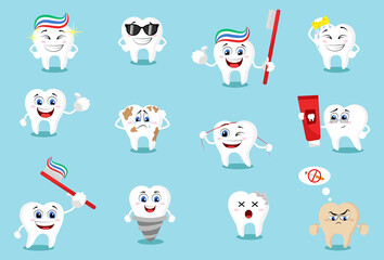 Set of cute cartoon tooth emoticons with different facial expressions. Teeth mega set. Big dental collection for your design. 