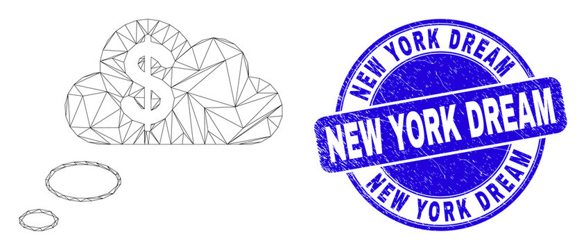 Web mesh financial dream clouds pictogram and New York Dream stamp. Blue vector round distress seal stamp with New York Dream text.