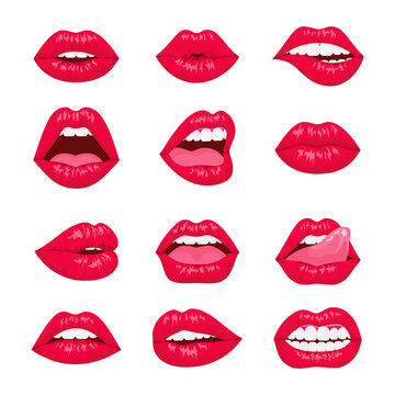 Red and rose kissing and smiling cartoon lips isolated decorative icons. sexy woman lips with different emotions.