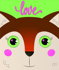 Cute fox, in the eyes of hearts. Scandinavian style. Lettering love. 
Print for t-shirts, turtlenecks, sweaters. Children's poster, poster