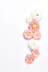 frame autumn flowers. pink stars on a white background. space for text, vertical frame