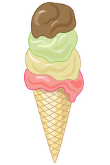 Large ice cream cone of four different flavors strawberry pistachio chocolate cream